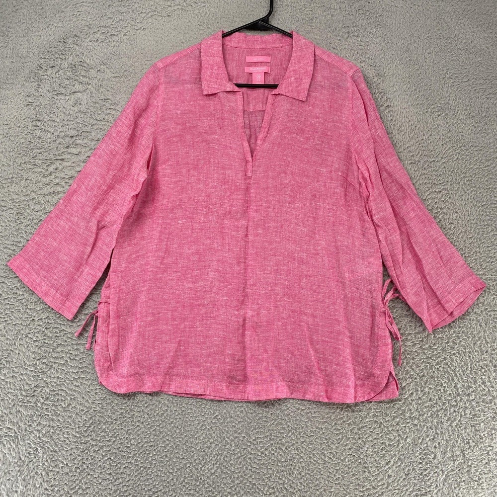 Isaac Mizrahi New York Linen Tunic Top Womens Medium Pink Side Tie 3/4 Sleeve